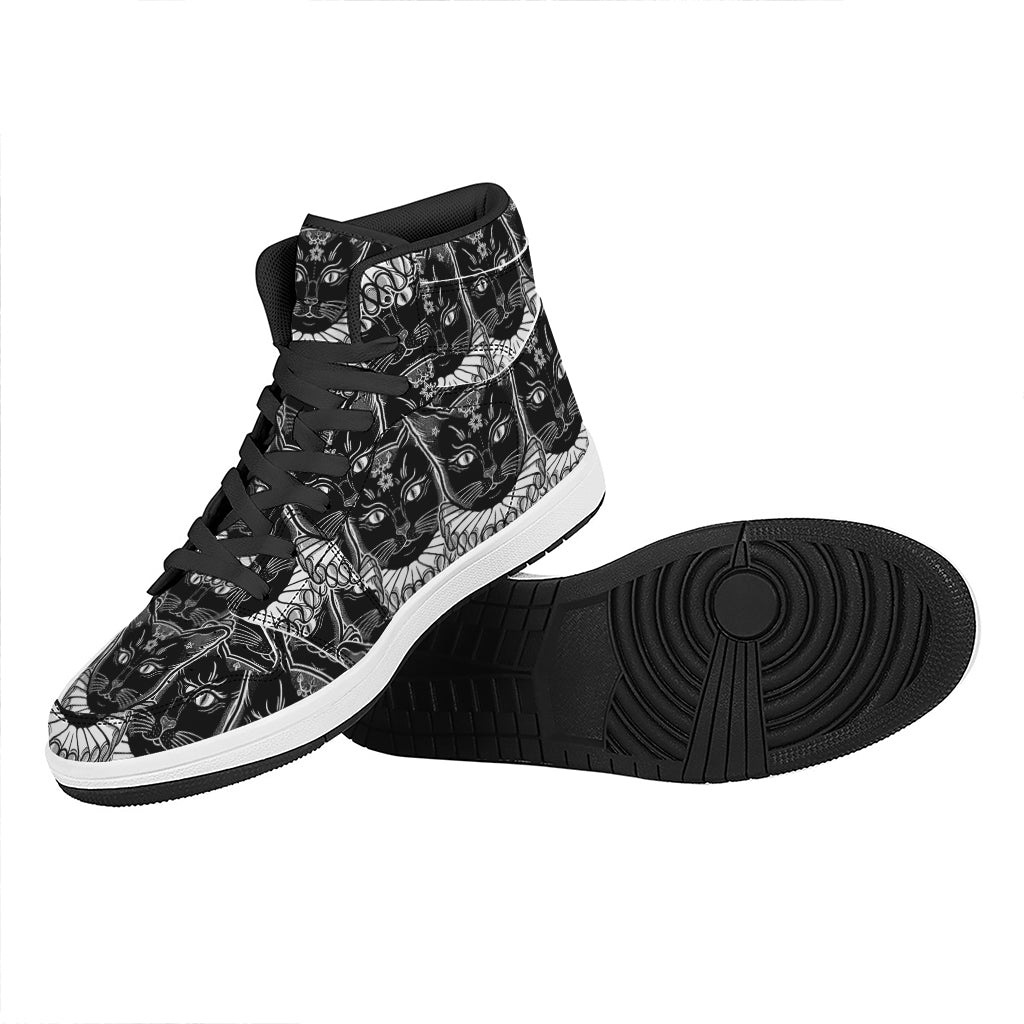 Black And White Gothic Wiccan Cat Print High Top Leather Sneakers