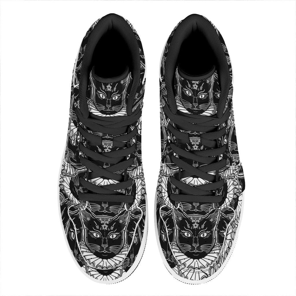 Black And White Gothic Wiccan Cat Print High Top Leather Sneakers