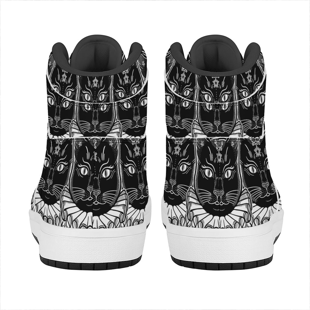 Black And White Gothic Wiccan Cat Print High Top Leather Sneakers