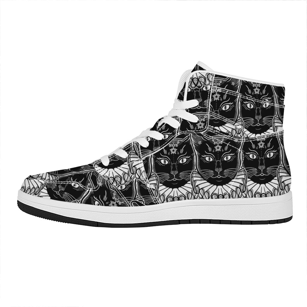 Black And White Gothic Wiccan Cat Print High Top Leather Sneakers