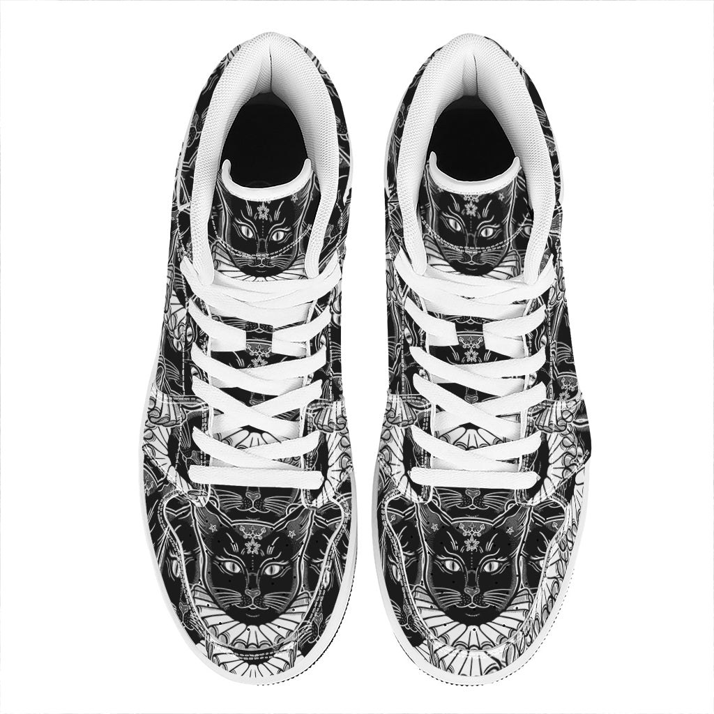 Black And White Gothic Wiccan Cat Print High Top Leather Sneakers