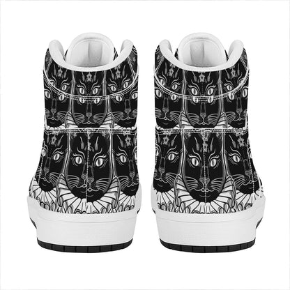 Black And White Gothic Wiccan Cat Print High Top Leather Sneakers