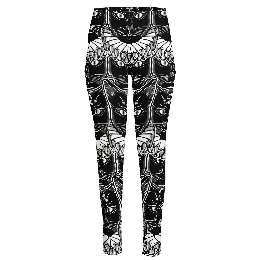 Black And White Gothic Wiccan Cat Print High-Waisted Pocket Leggings