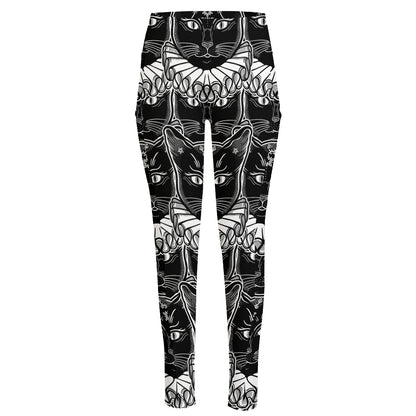 Black And White Gothic Wiccan Cat Print High-Waisted Pocket Leggings
