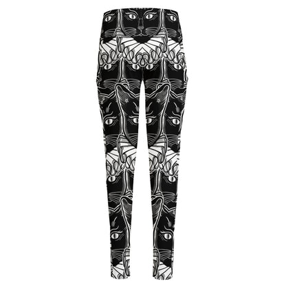 Black And White Gothic Wiccan Cat Print High-Waisted Pocket Leggings