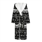 Black And White Gothic Wiccan Cat Print Hooded Bathrobe