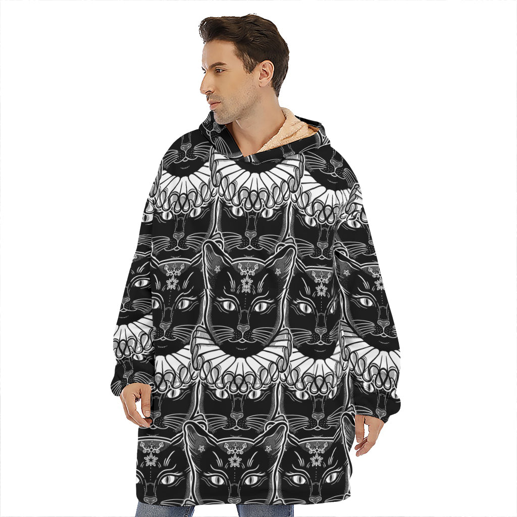 Black And White Gothic Wiccan Cat Print Hoodie Blanket