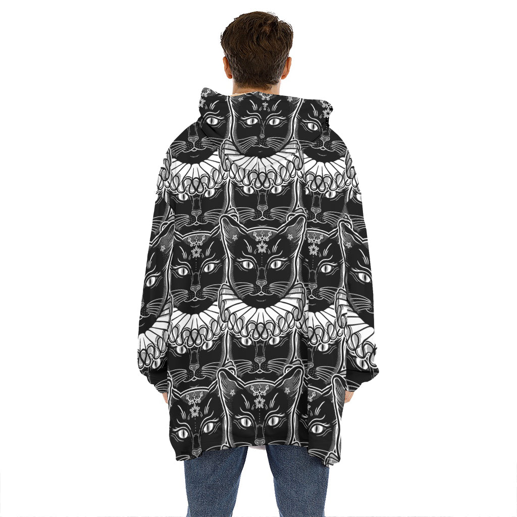 Black And White Gothic Wiccan Cat Print Hoodie Blanket