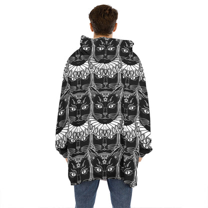 Black And White Gothic Wiccan Cat Print Hoodie Blanket
