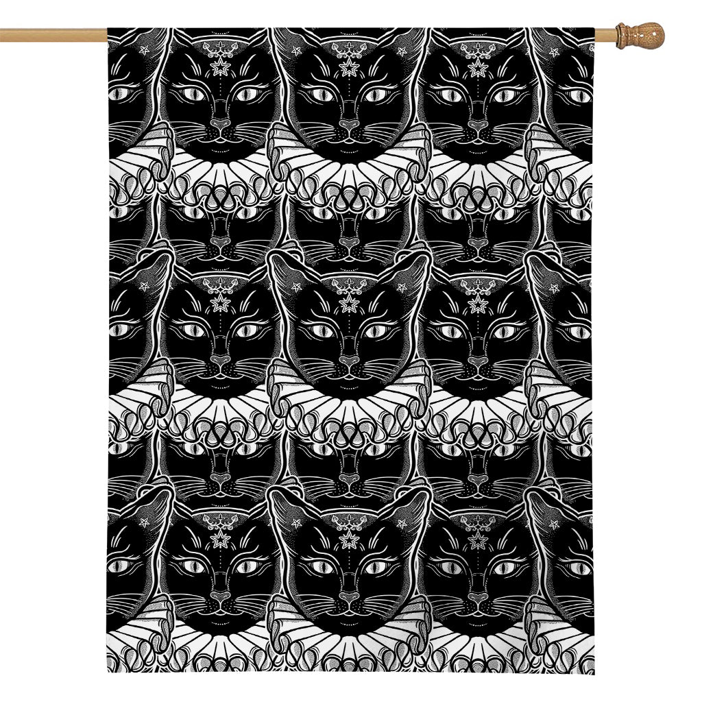 Black And White Gothic Wiccan Cat Print House Flag