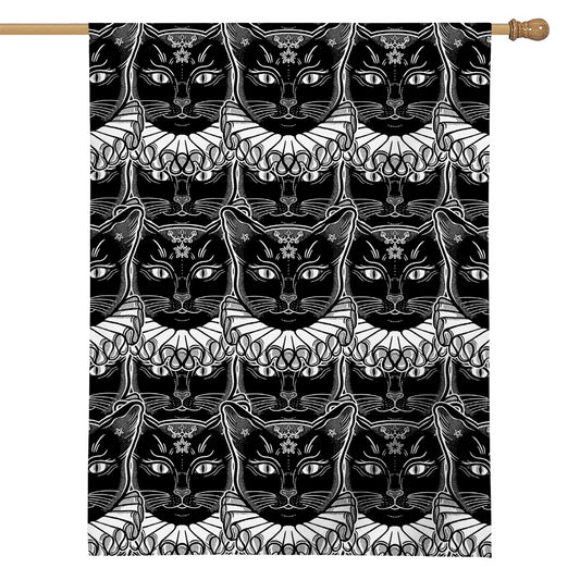 Black And White Gothic Wiccan Cat Print House Flag