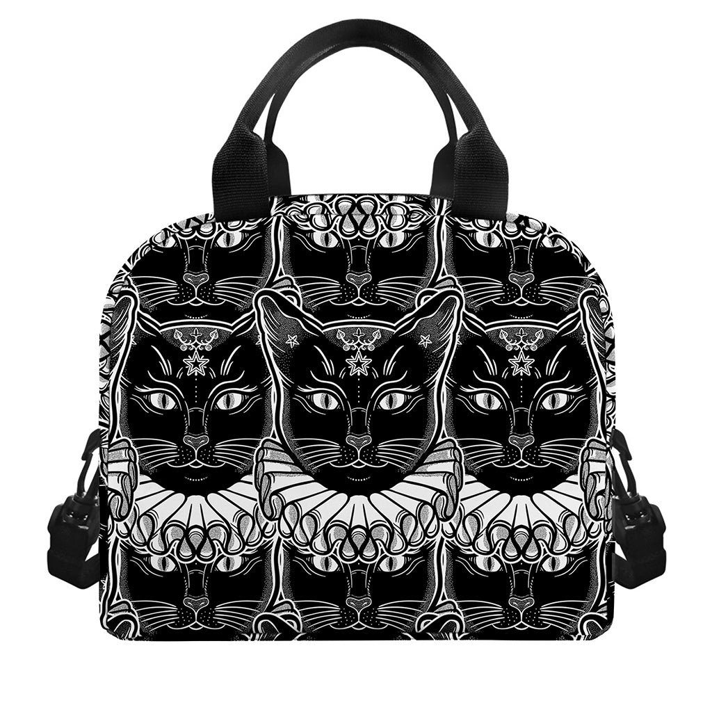 Black And White Gothic Wiccan Cat Print Insulated Lunch Bag