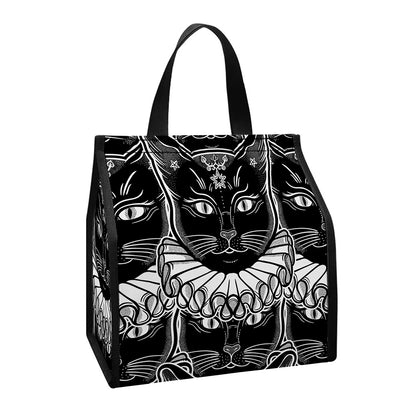 Black And White Gothic Wiccan Cat Print Insulated Lunch Tote