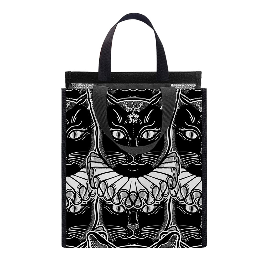 Black And White Gothic Wiccan Cat Print Insulated Lunch Tote