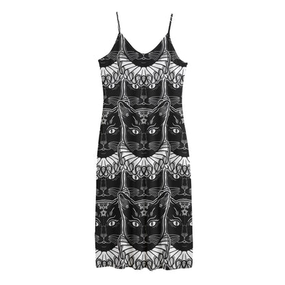 Black And White Gothic Wiccan Cat Print Jersey Midi Cami Dress