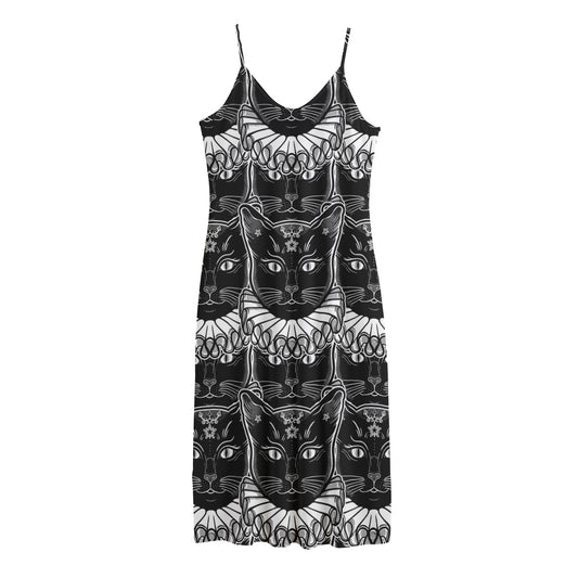 Black And White Gothic Wiccan Cat Print Jersey Midi Cami Dress