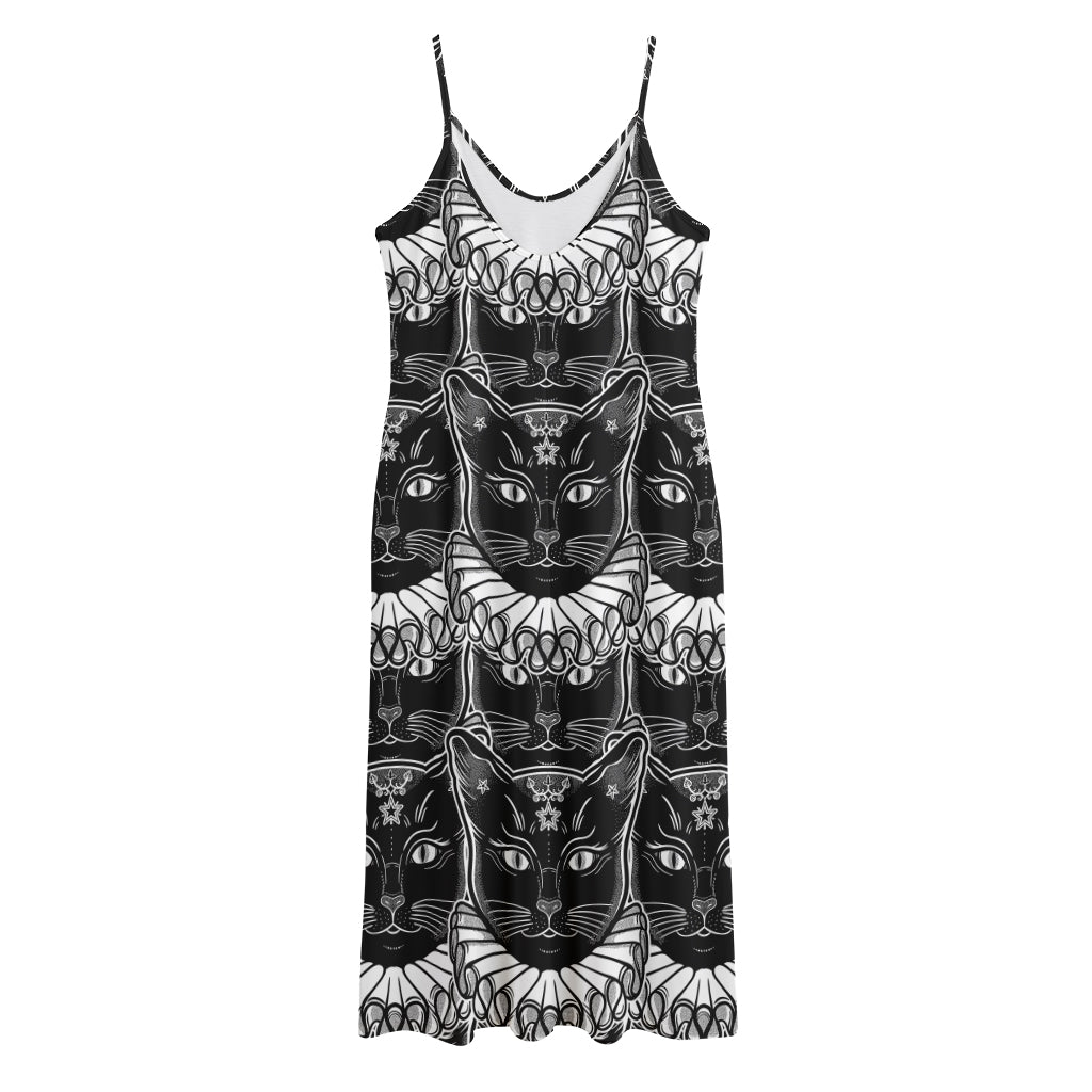 Black And White Gothic Wiccan Cat Print Jersey Midi Cami Dress