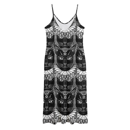 Black And White Gothic Wiccan Cat Print Jersey Midi Cami Dress