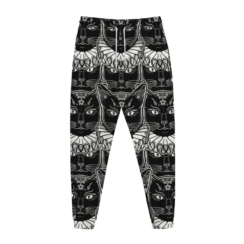 Black And White Gothic Wiccan Cat Print Jogger Pants