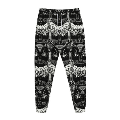 Black And White Gothic Wiccan Cat Print Jogger Pants