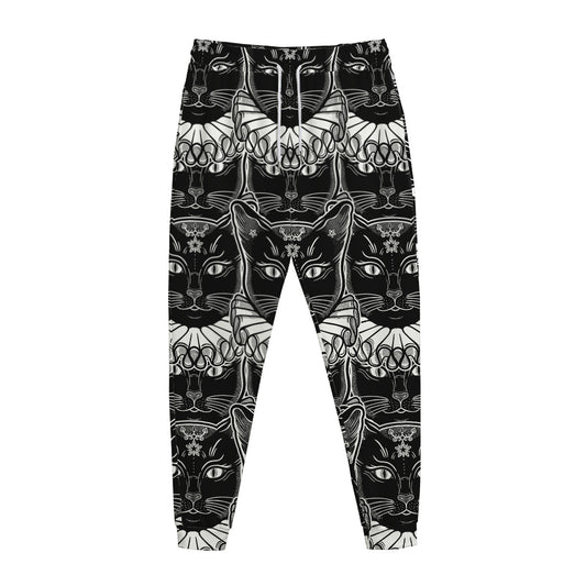 Black And White Gothic Wiccan Cat Print Jogger Pants