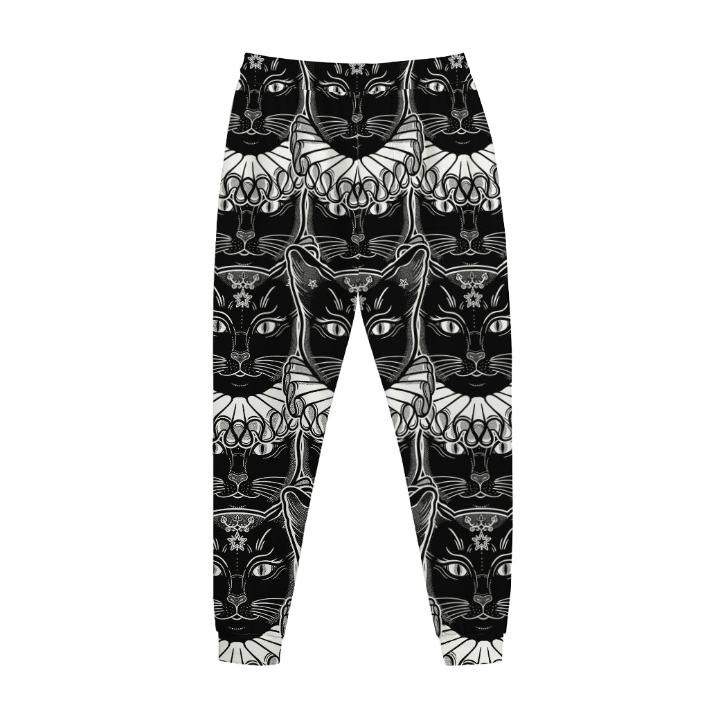 Black And White Gothic Wiccan Cat Print Jogger Pants