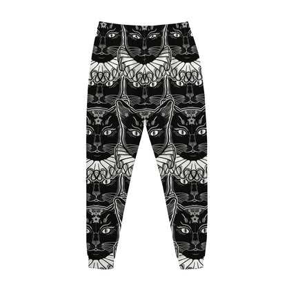 Black And White Gothic Wiccan Cat Print Jogger Pants