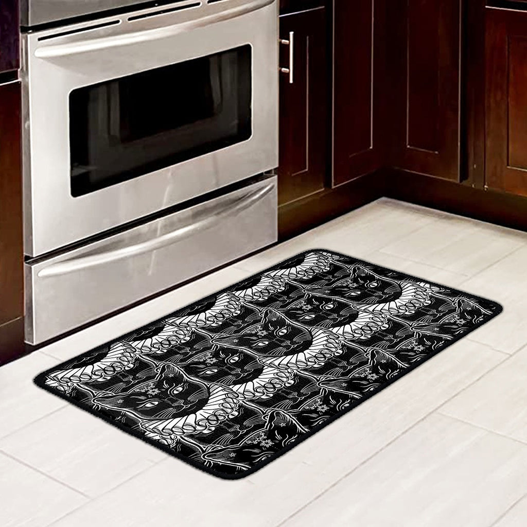 Black And White Gothic Wiccan Cat Print Kitchen Mat
