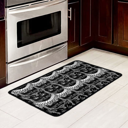 Black And White Gothic Wiccan Cat Print Kitchen Mat