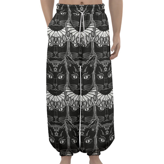 Black And White Gothic Wiccan Cat Print Lantern Pants
