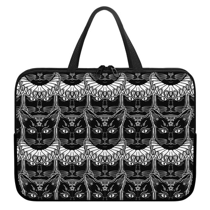 Black And White Gothic Wiccan Cat Print Laptop Sleeve With Handle