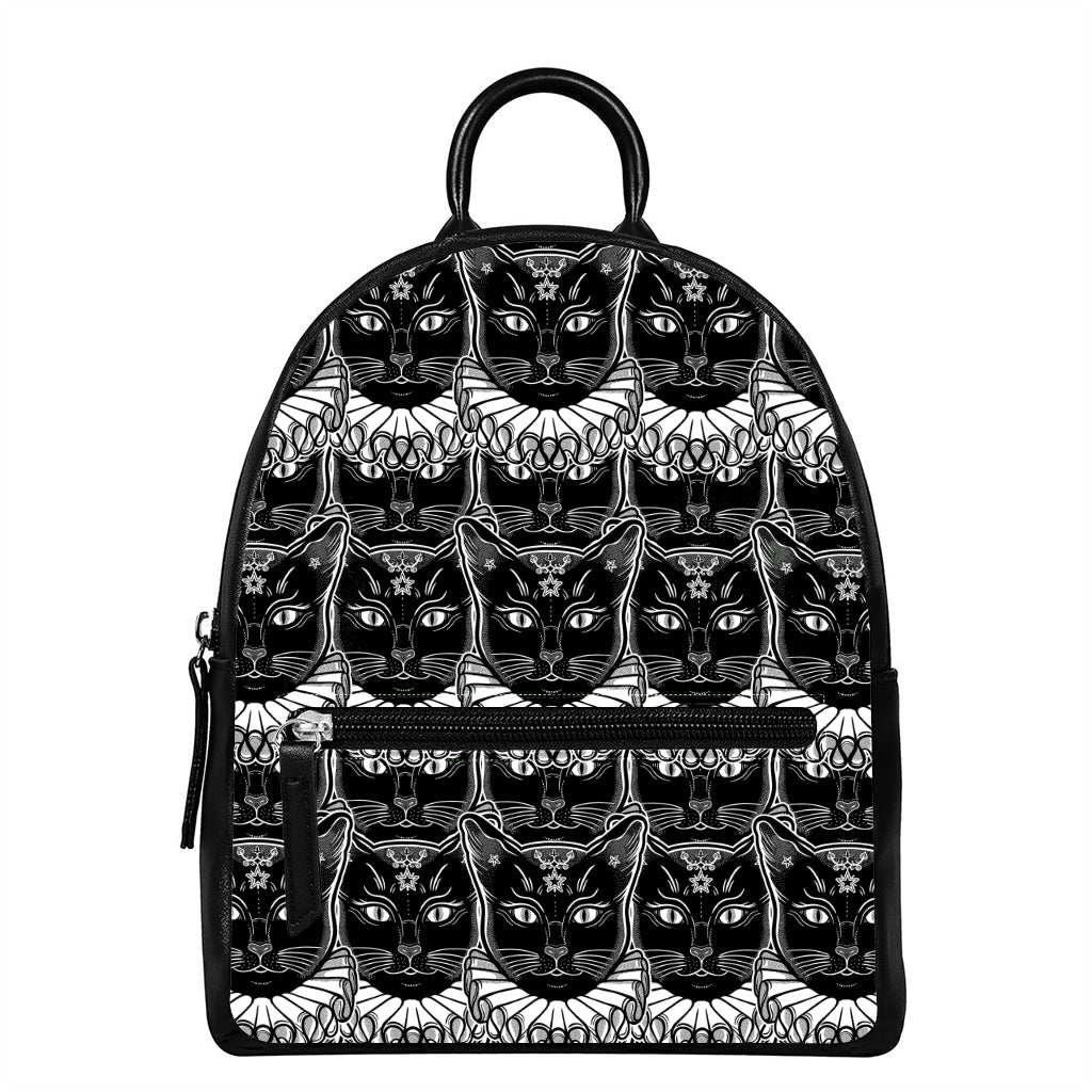 Black And White Gothic Wiccan Cat Print Leather Backpack