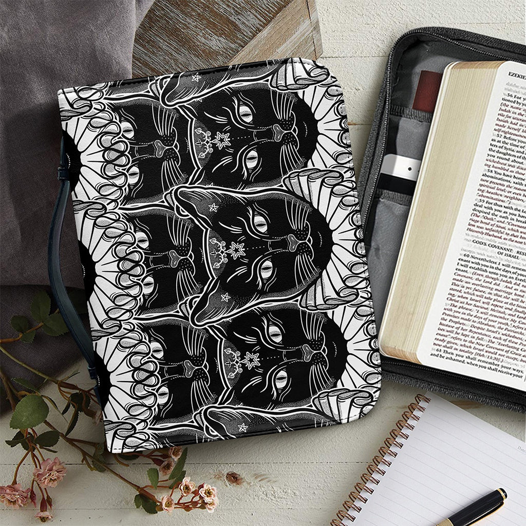 Black And White Gothic Wiccan Cat Print Leather Bible Cover