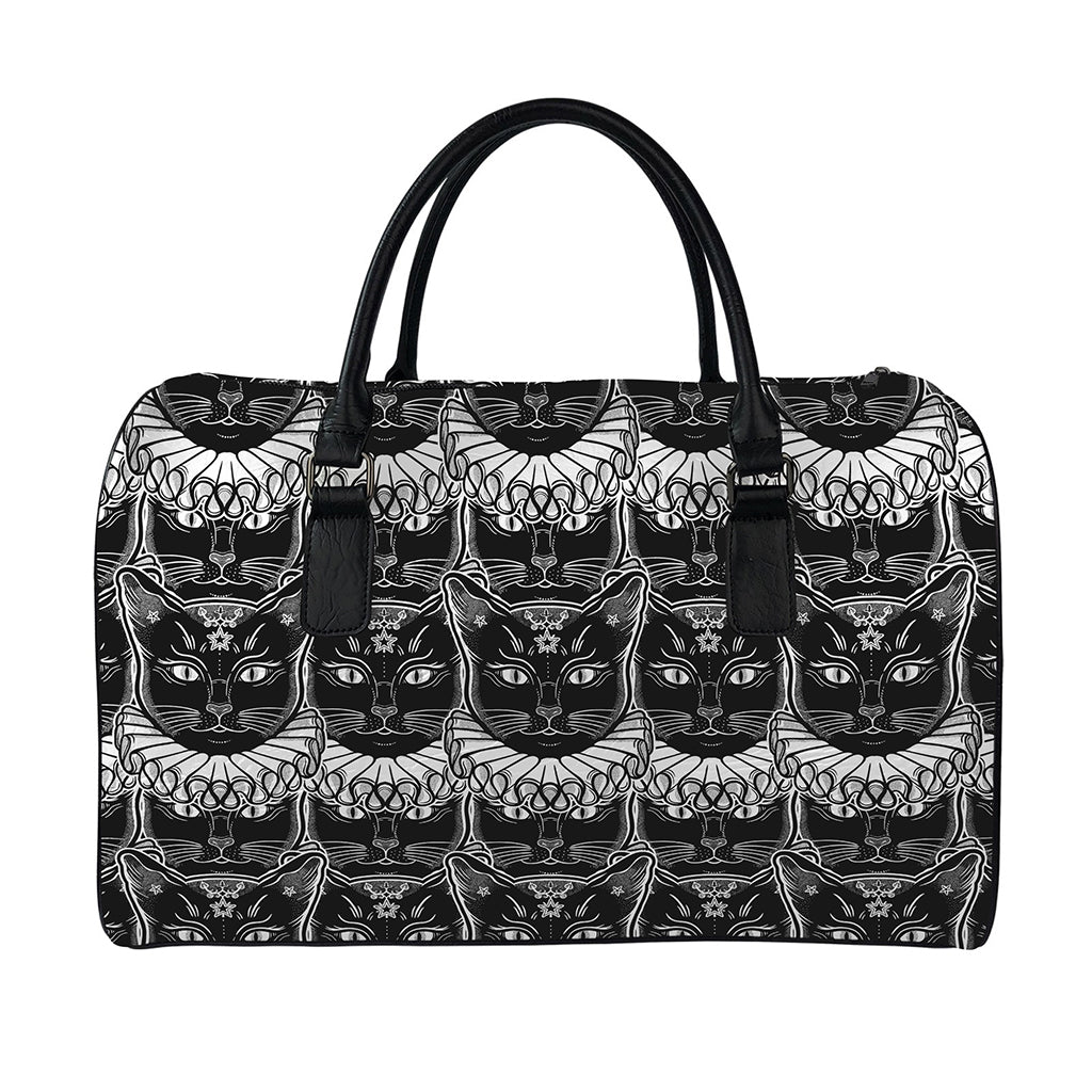 Black And White Gothic Wiccan Cat Print Leather Duffle Bag