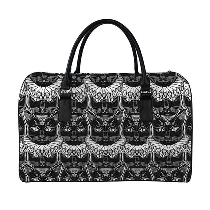 Black And White Gothic Wiccan Cat Print Leather Duffle Bag