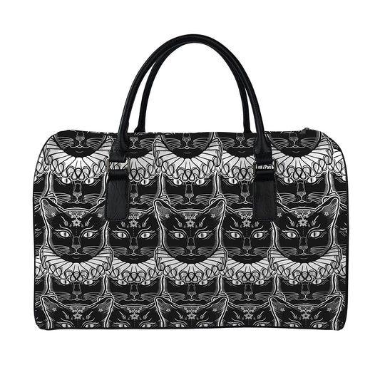 Black And White Gothic Wiccan Cat Print Leather Duffle Bag
