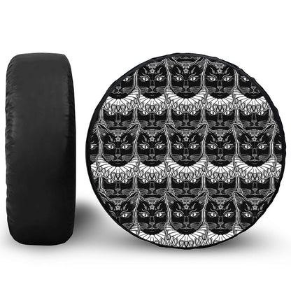 Black And White Gothic Wiccan Cat Print Leather Spare Tire Cover