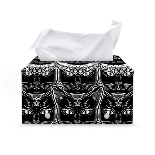 Black And White Gothic Wiccan Cat Print Leather Tissue Box Cover