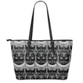 Black And White Gothic Wiccan Cat Print Leather Tote Bag With Zipper