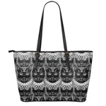 Black And White Gothic Wiccan Cat Print Leather Tote Bag
