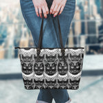 Black And White Gothic Wiccan Cat Print Leather Tote Bag