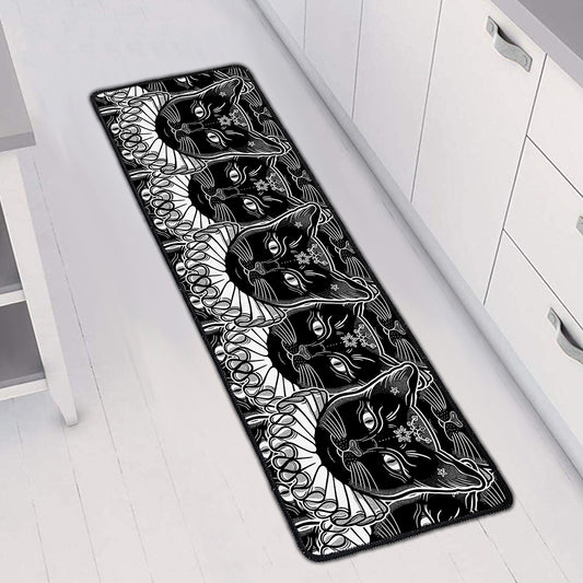 Black And White Gothic Wiccan Cat Print Long Kitchen Mat