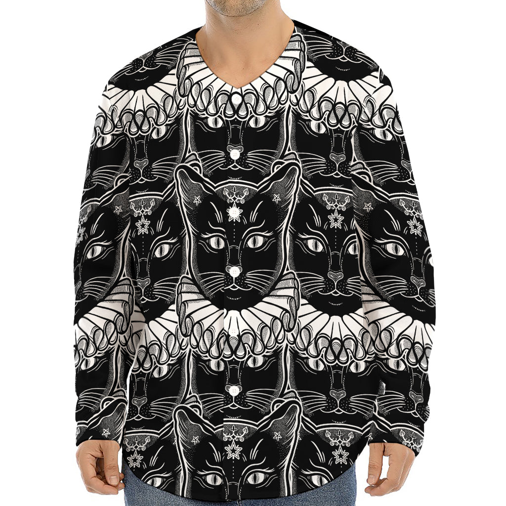 Black And White Gothic Wiccan Cat Print Long Sleeve Baseball Jersey