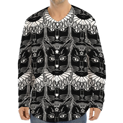 Black And White Gothic Wiccan Cat Print Long Sleeve Baseball Jersey
