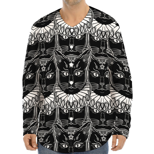 Black And White Gothic Wiccan Cat Print Long Sleeve Baseball Jersey