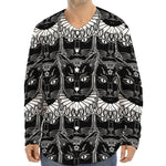 Black And White Gothic Wiccan Cat Print Long Sleeve Baseball Jersey