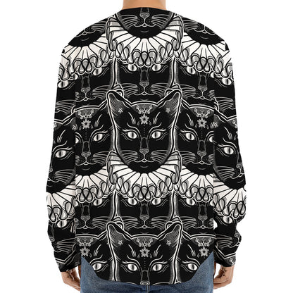 Black And White Gothic Wiccan Cat Print Long Sleeve Baseball Jersey