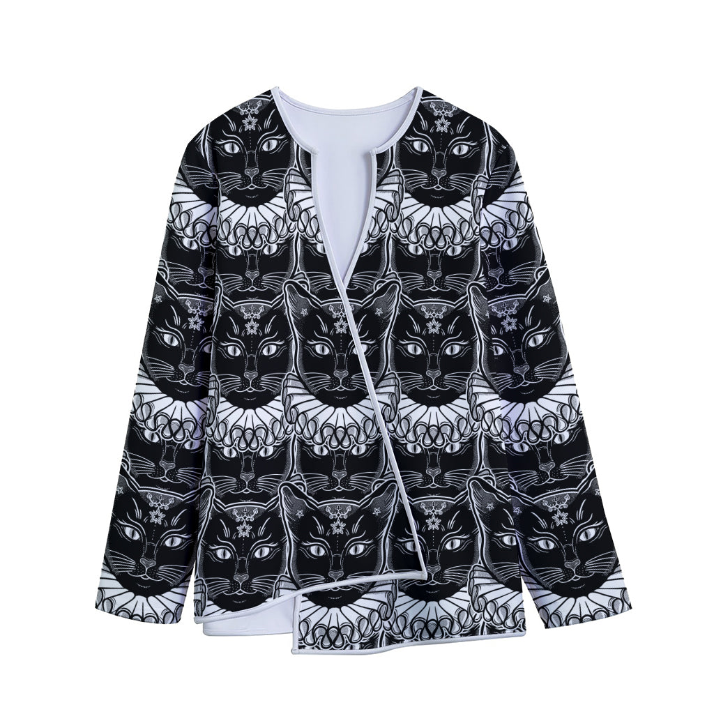 Black And White Gothic Wiccan Cat Print Long Sleeve Short Coat