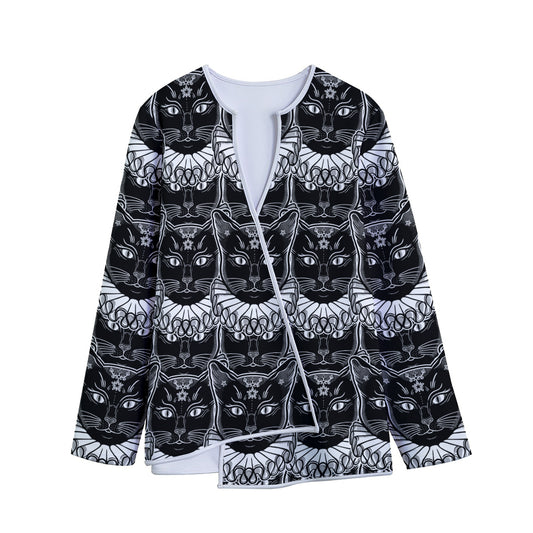 Black And White Gothic Wiccan Cat Print Long Sleeve Short Coat
