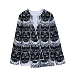 Black And White Gothic Wiccan Cat Print Long Sleeve Short Coat